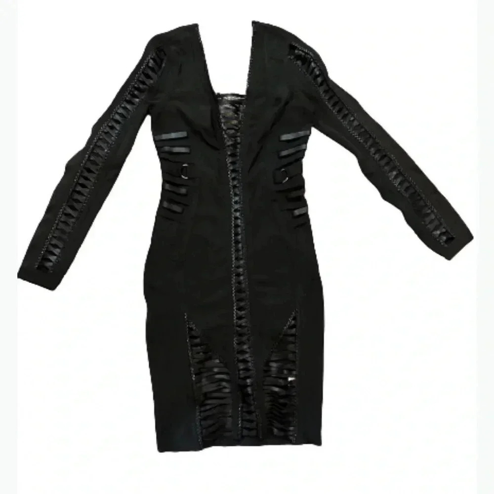 FASHION NOVA BLACK CUT OUT BACK FAUX LEATHER DRESS - Picture 6 of 13